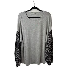 Easel Oversized Leopard Puffy Sleeve Top Large Gray Cozy Casual Lounge Soft Girl